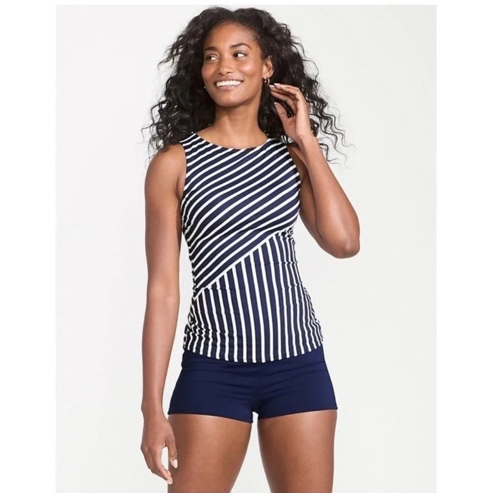 Lands' End High Neck Tankini Swim Top Size 18W DD Navy White‎ Stripes Modest